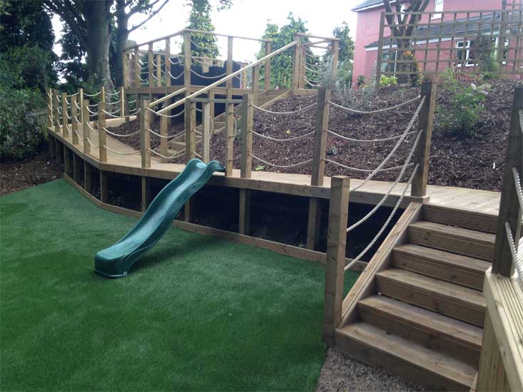 A wooden walkway with a slide and artificial grass below