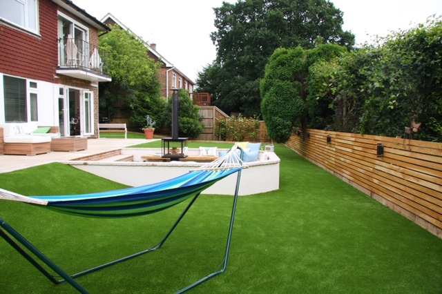 A large garden covered with artificial grass